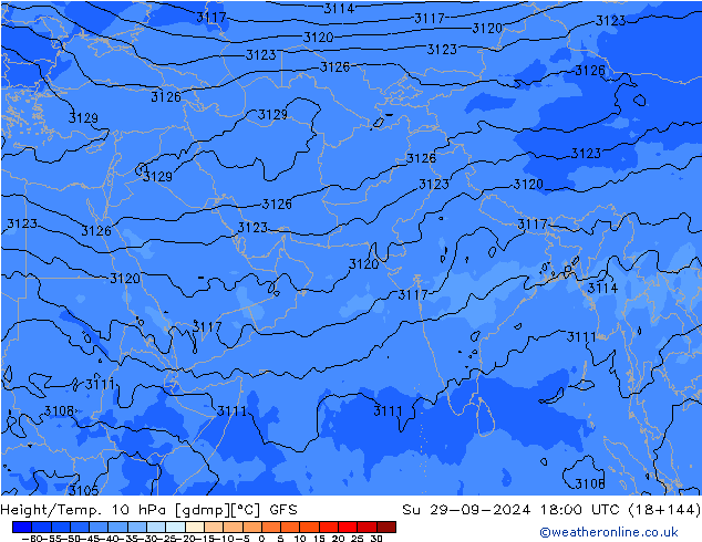 Height/Temp. 10 hPa GFS dom 29.09.2024 18 UTC