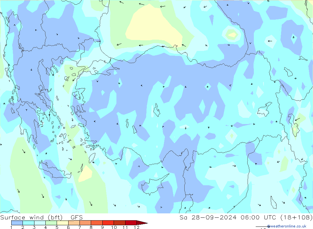 Surface wind (bft) GFS Sa 28.09.2024 06 UTC