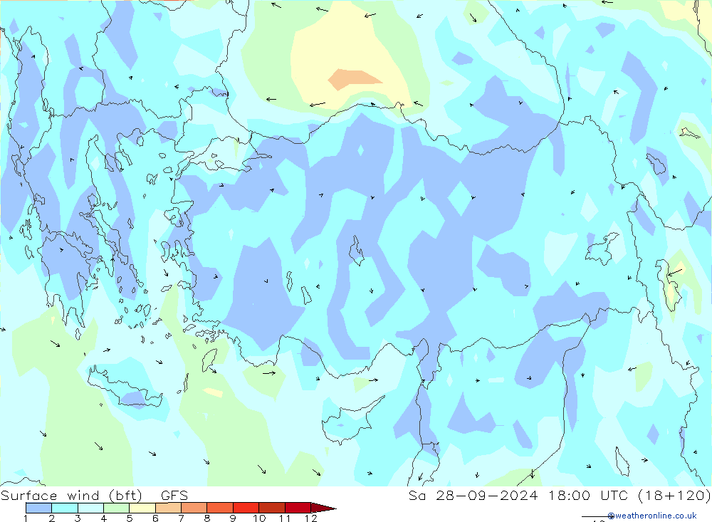 Surface wind (bft) GFS Sa 28.09.2024 18 UTC