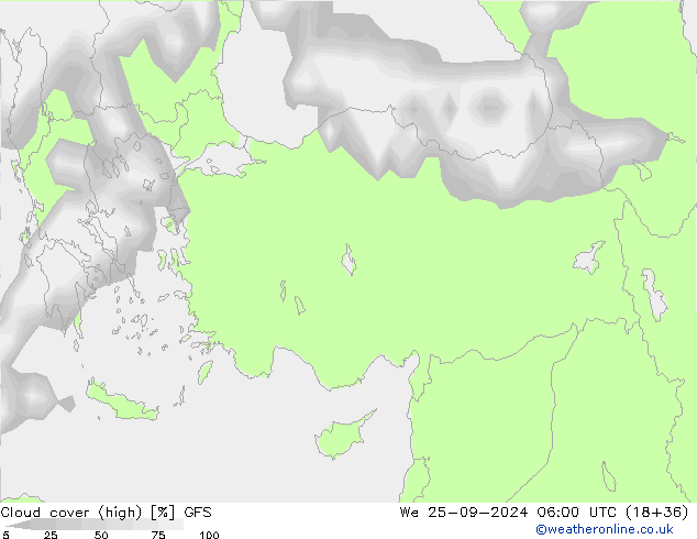 Cloud cover (high) GFS We 25.09.2024 06 UTC