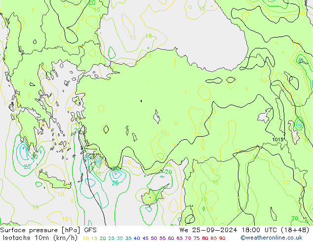 Isotachs (kph) GFS ср 25.09.2024 18 UTC