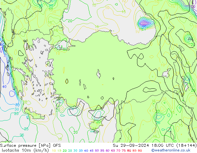 Isotachs (kph) GFS dom 29.09.2024 18 UTC