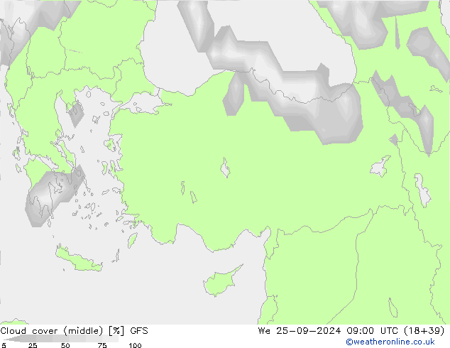 zachmurzenie (środk.) GFS śro. 25.09.2024 09 UTC