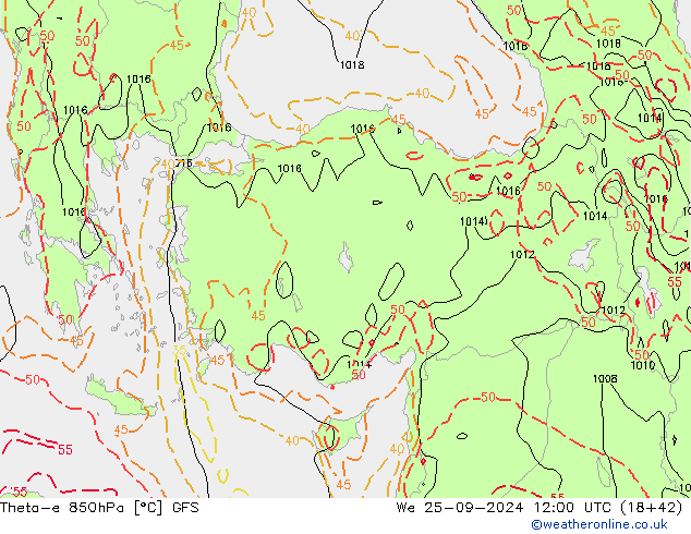 Theta-e 850hPa GFS Çar 25.09.2024 12 UTC