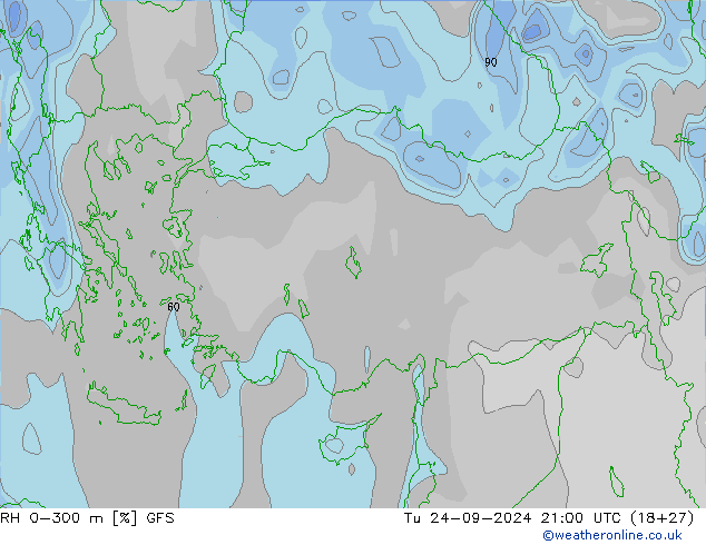 Humidité rel. 0-300 m GFS mar 24.09.2024 21 UTC