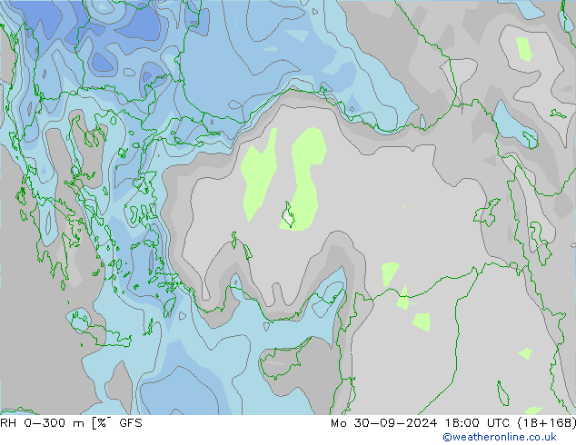 Humidité rel. 0-300 m GFS lun 30.09.2024 18 UTC