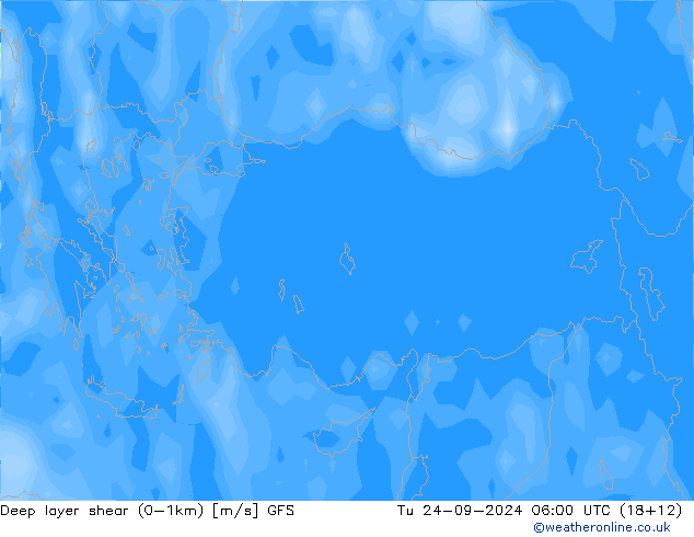 Deep layer shear (0-1km) GFS Tu 24.09.2024 06 UTC