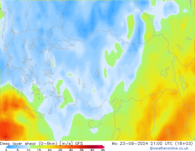 Deep layer shear (0-6km) GFS Seg 23.09.2024 21 UTC