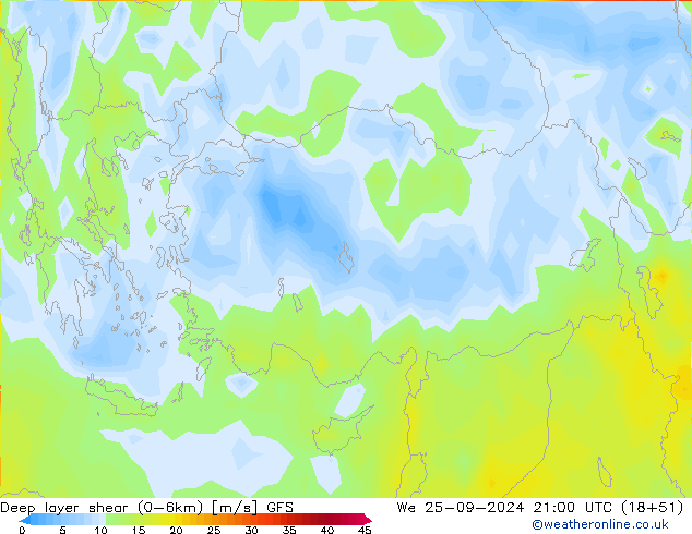 Deep layer shear (0-6km) GFS We 25.09.2024 21 UTC