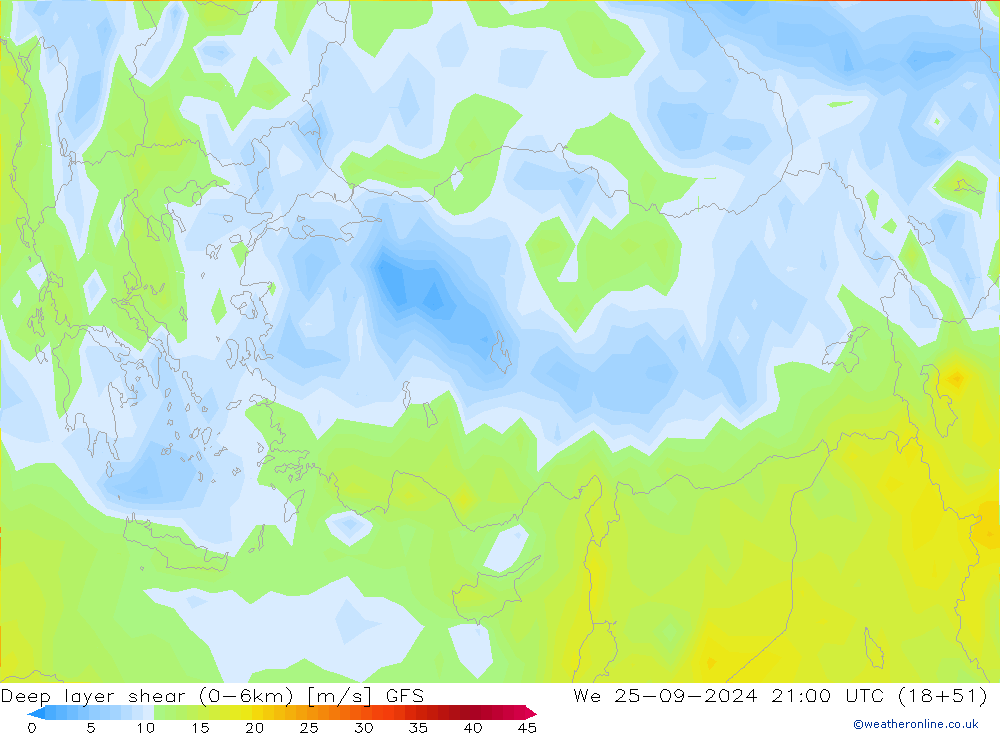 Deep layer shear (0-6km) GFS We 25.09.2024 21 UTC