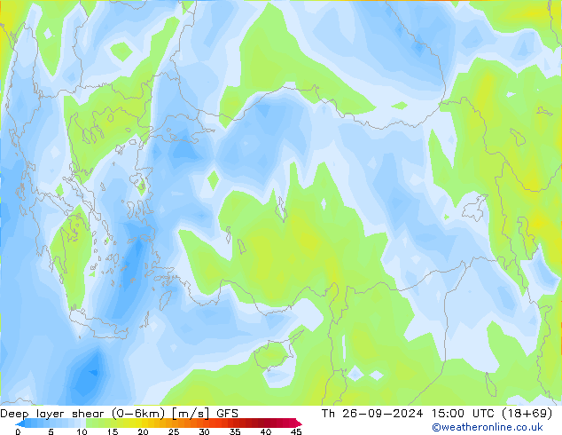 Deep layer shear (0-6km) GFS чт 26.09.2024 15 UTC