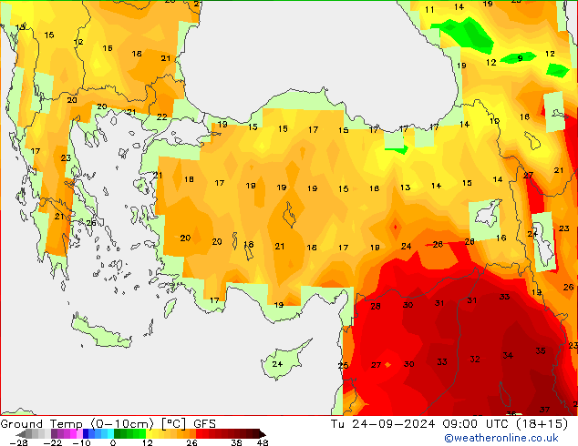 Temperatura del suelo (0-10cm) GFS mar 24.09.2024 09 UTC