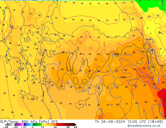 SLP/Temp. 850 hPa GFS czw. 26.09.2024 12 UTC