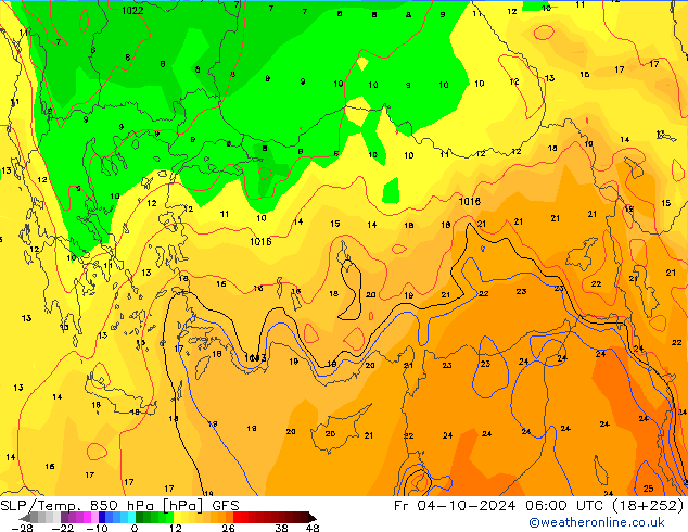 SLP/Temp. 850 hPa GFS ven 04.10.2024 06 UTC