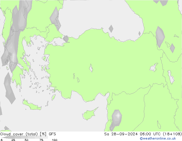 Cloud cover (total) GFS So 28.09.2024 06 UTC