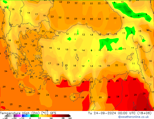 Max.temperatuur (2m) GFS di 24.09.2024 00 UTC