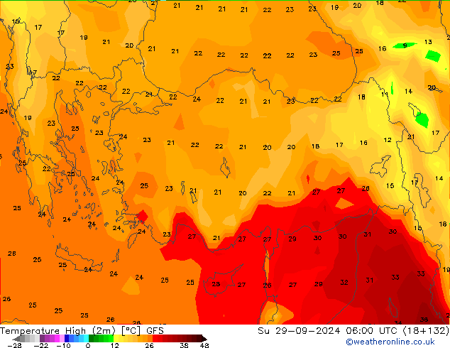 temperatura máx. (2m) GFS Dom 29.09.2024 06 UTC