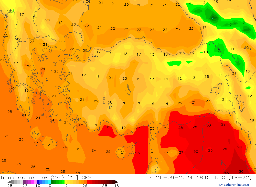 température 2m min GFS jeu 26.09.2024 18 UTC