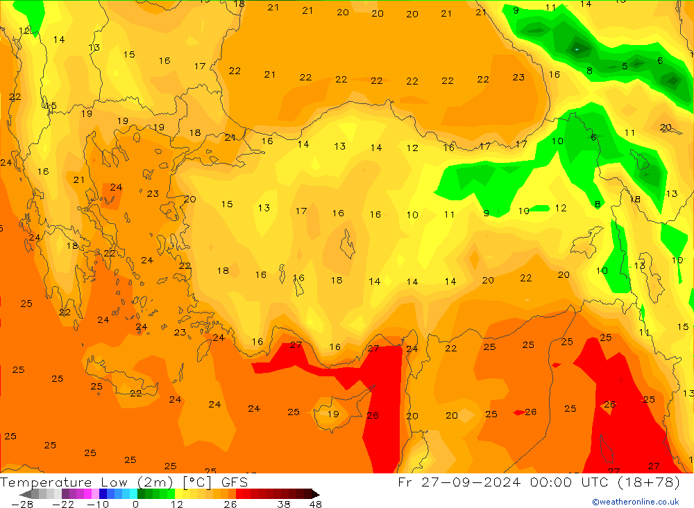 Temperature Low (2m) GFS Fr 27.09.2024 00 UTC