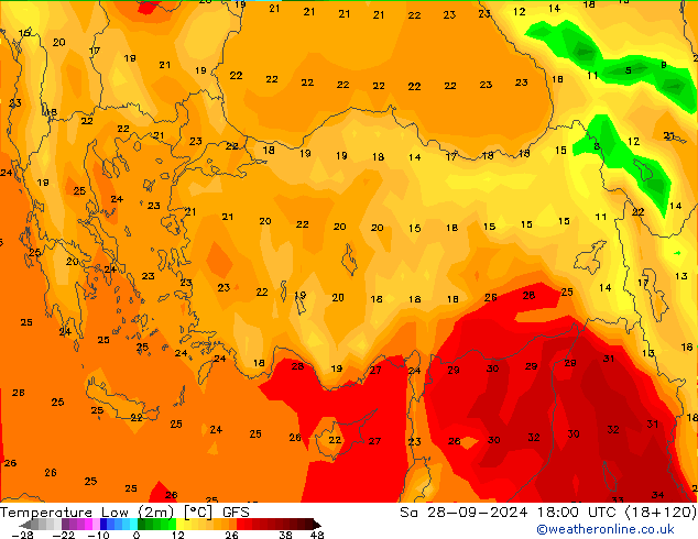 Nejnižší teplota (2m) GFS So 28.09.2024 18 UTC