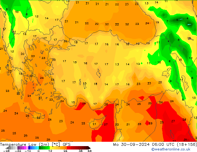 Temperature Low (2m) GFS Mo 30.09.2024 06 UTC