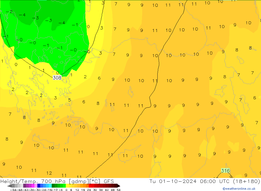 Height/Temp. 700 hPa GFS mar 01.10.2024 06 UTC