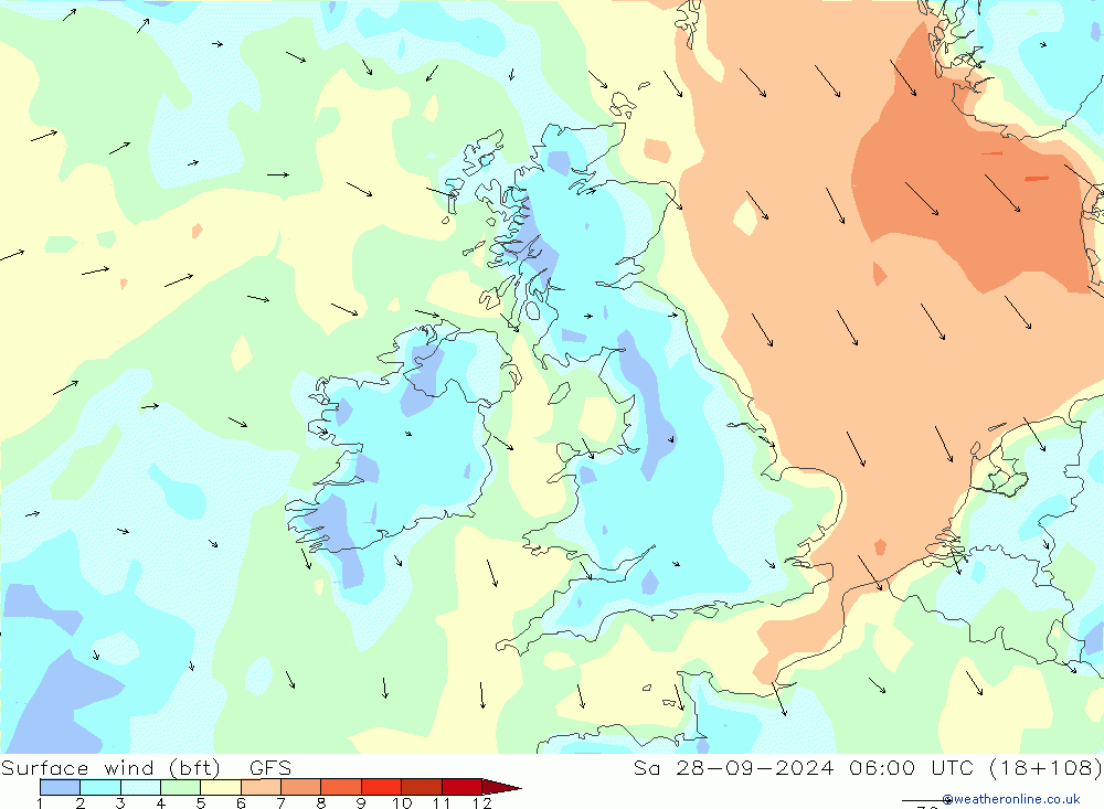 Vent 10 m (bft) GFS sam 28.09.2024 06 UTC