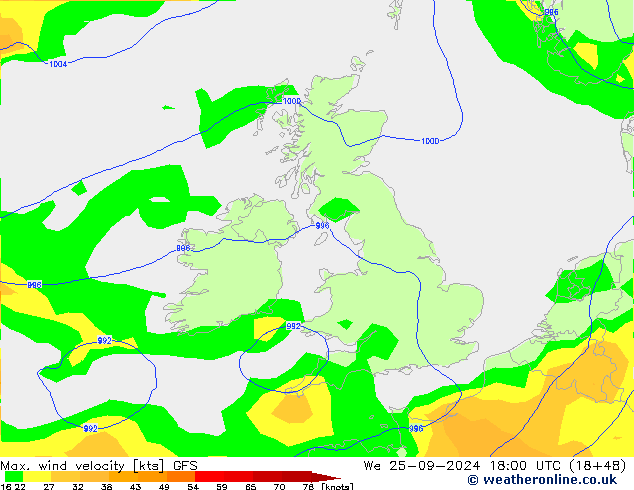 Max. wind velocity GFS mié 25.09.2024 18 UTC