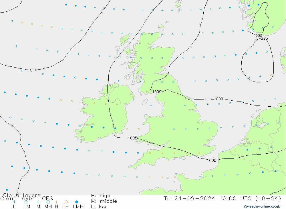 Cloud layer GFS Út 24.09.2024 18 UTC