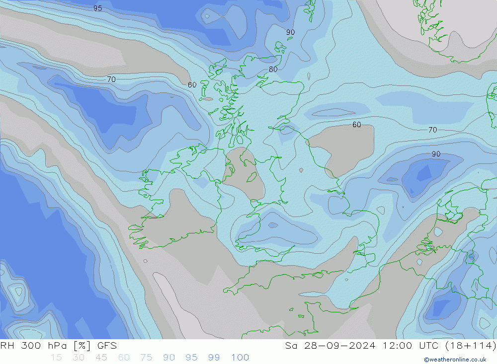 RH 300 hPa GFS Sa 28.09.2024 12 UTC