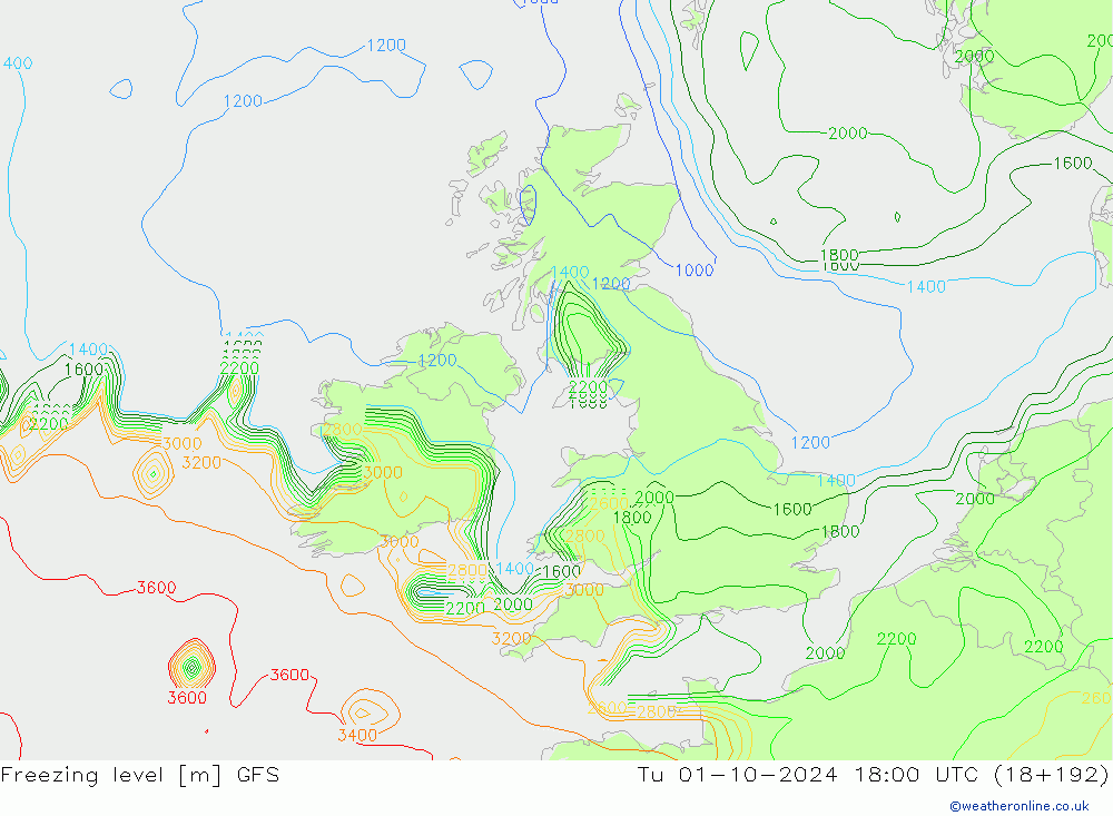 Isoterma de zero graus GFS Ter 01.10.2024 18 UTC