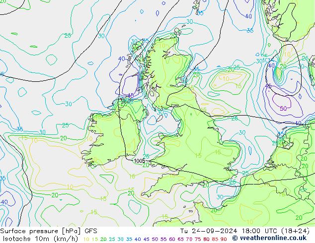 Eşrüzgar Hızları (km/sa) GFS Sa 24.09.2024 18 UTC