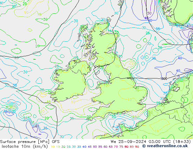 Isotachs (kph) GFS mer 25.09.2024 03 UTC