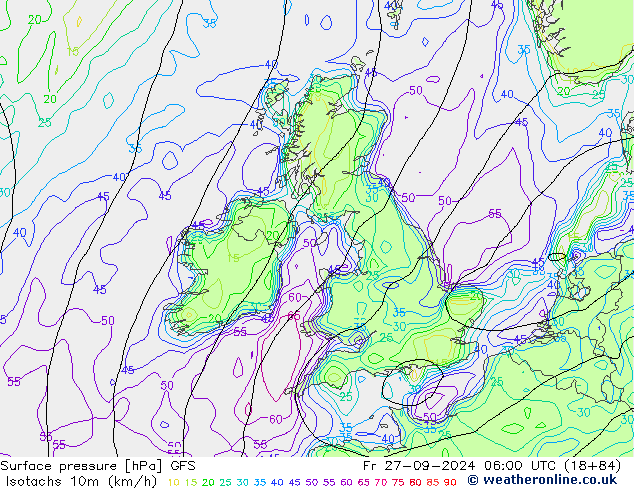 Isotachen (km/h) GFS vr 27.09.2024 06 UTC