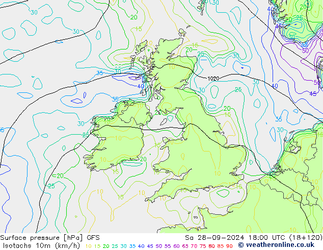 Isotachs (kph) GFS So 28.09.2024 18 UTC