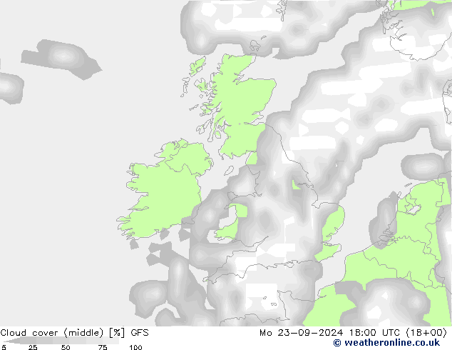 Cloud cover (middle) GFS Mo 23.09.2024 18 UTC