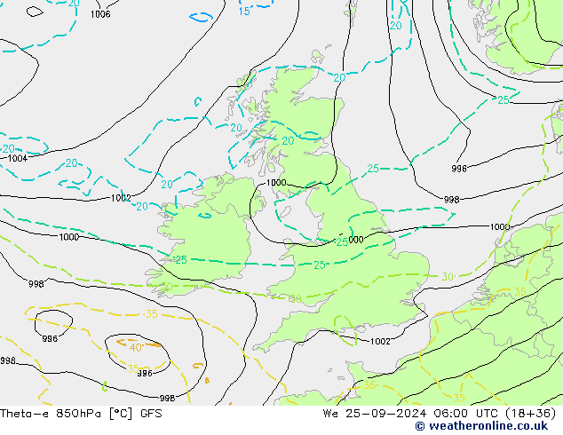 Theta-e 850hPa GFS wo 25.09.2024 06 UTC