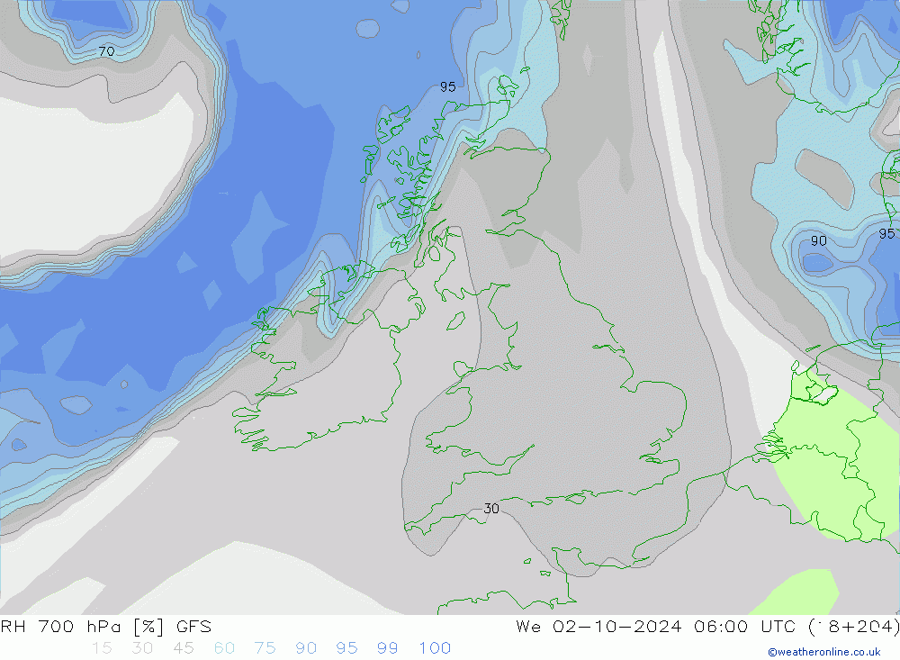 RH 700 hPa GFS We 02.10.2024 06 UTC