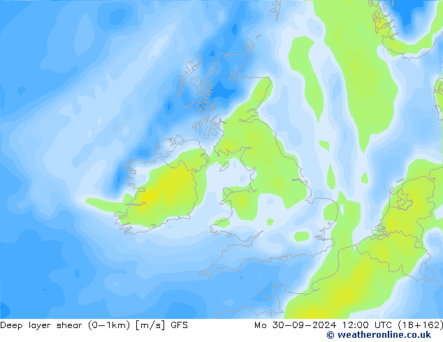 Deep layer shear (0-1km) GFS ma 30.09.2024 12 UTC