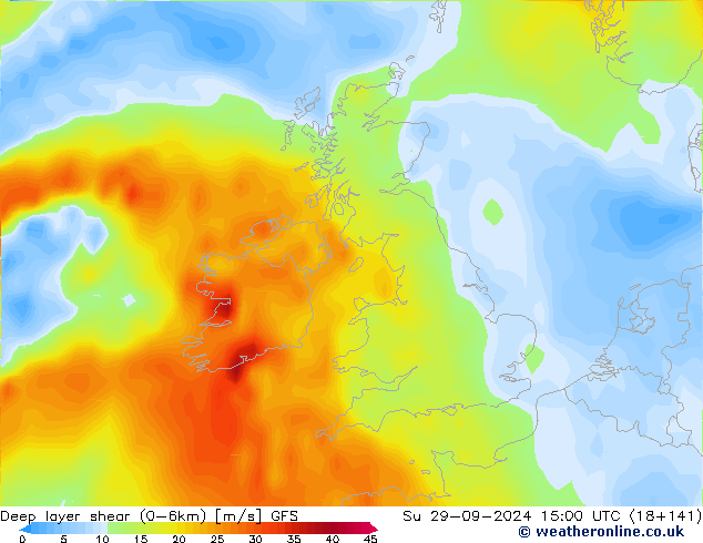 Deep layer shear (0-6km) GFS dim 29.09.2024 15 UTC