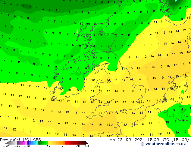 Punto di rugiada GFS lun 23.09.2024 18 UTC