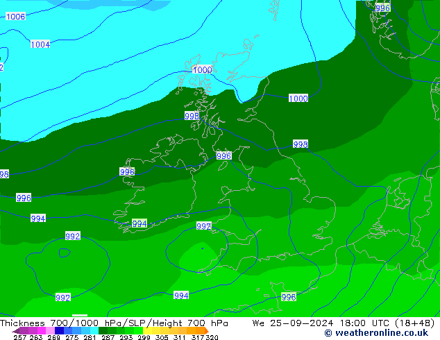 Thck 700-1000 hPa GFS  25.09.2024 18 UTC