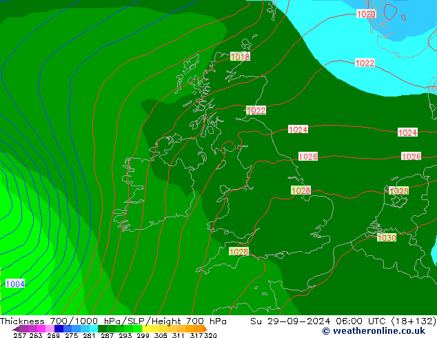 Espesor 700-1000 hPa GFS dom 29.09.2024 06 UTC