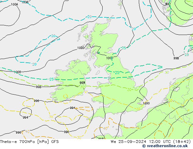 Theta-e 700hPa GFS mer 25.09.2024 12 UTC