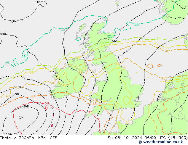 Theta-e 700hPa GFS Dom 06.10.2024 06 UTC