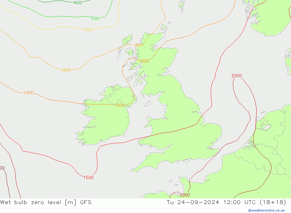 Wet bulb zero level GFS Tu 24.09.2024 12 UTC