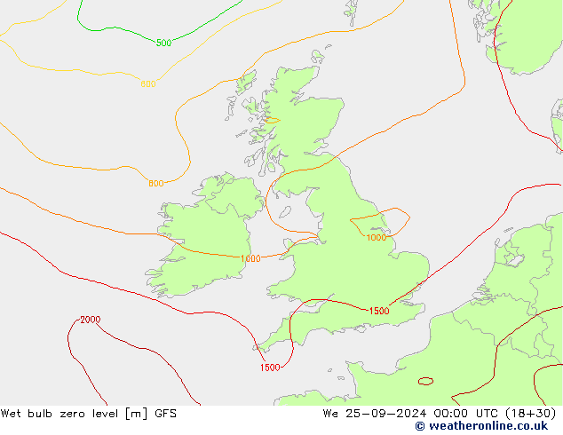 Wet bulb zero level GFS We 25.09.2024 00 UTC