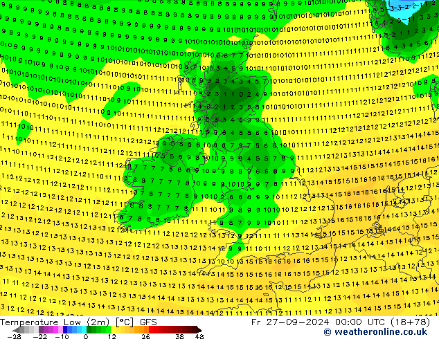 temperatura mín. (2m) GFS Sex 27.09.2024 00 UTC