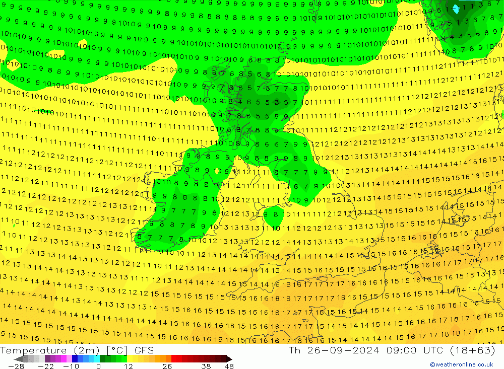 Temperatura (2m) GFS gio 26.09.2024 09 UTC