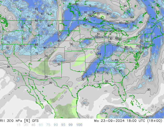 Humidité rel. 300 hPa GFS lun 23.09.2024 18 UTC